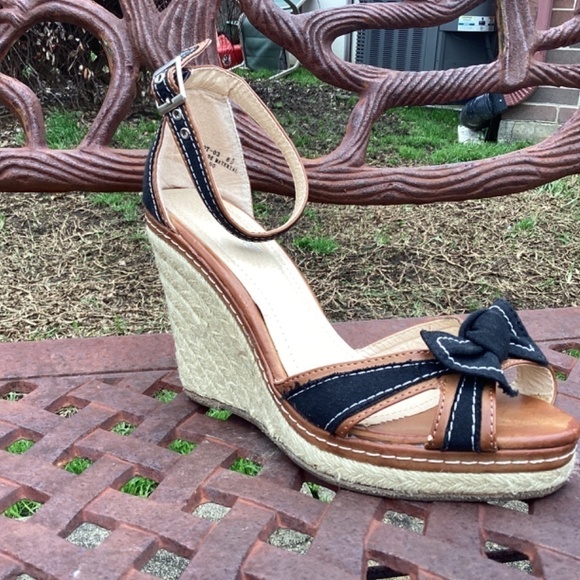 Bamboo Vegan Leather Black Fabric Detail Platform Wedge Heel/ Sandal Siz… - Picture 3 of 10